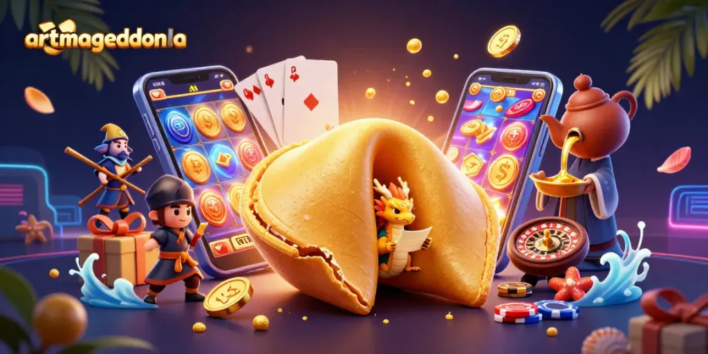 Experience artmageddonla with an action-packed casino-themed 3D illustration featuring lucky symbols.