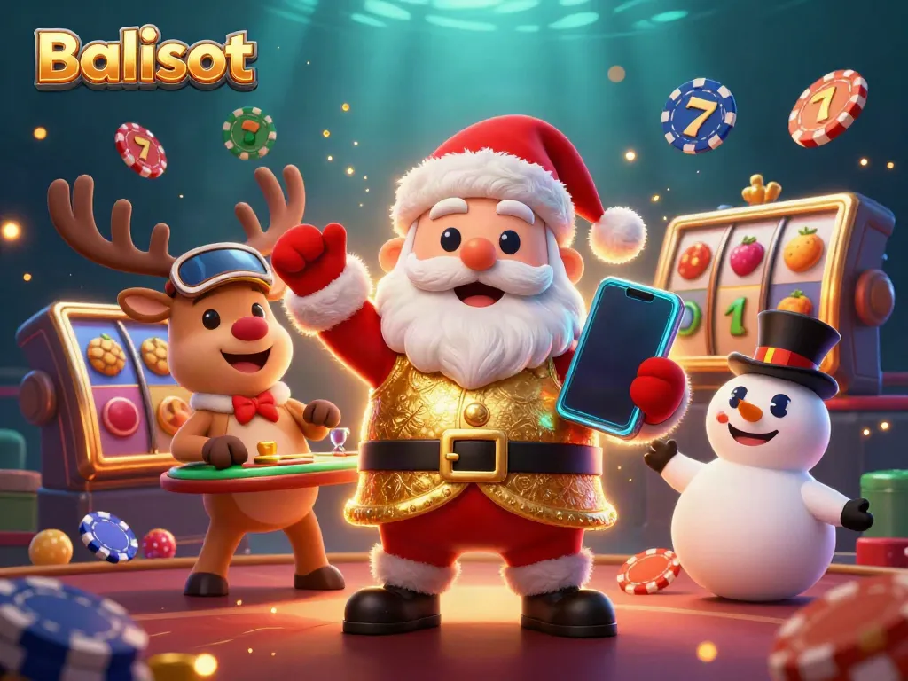 Balislot's festive slots scene with a cartoon Santa, reindeer dealer, and poker chip snowman.