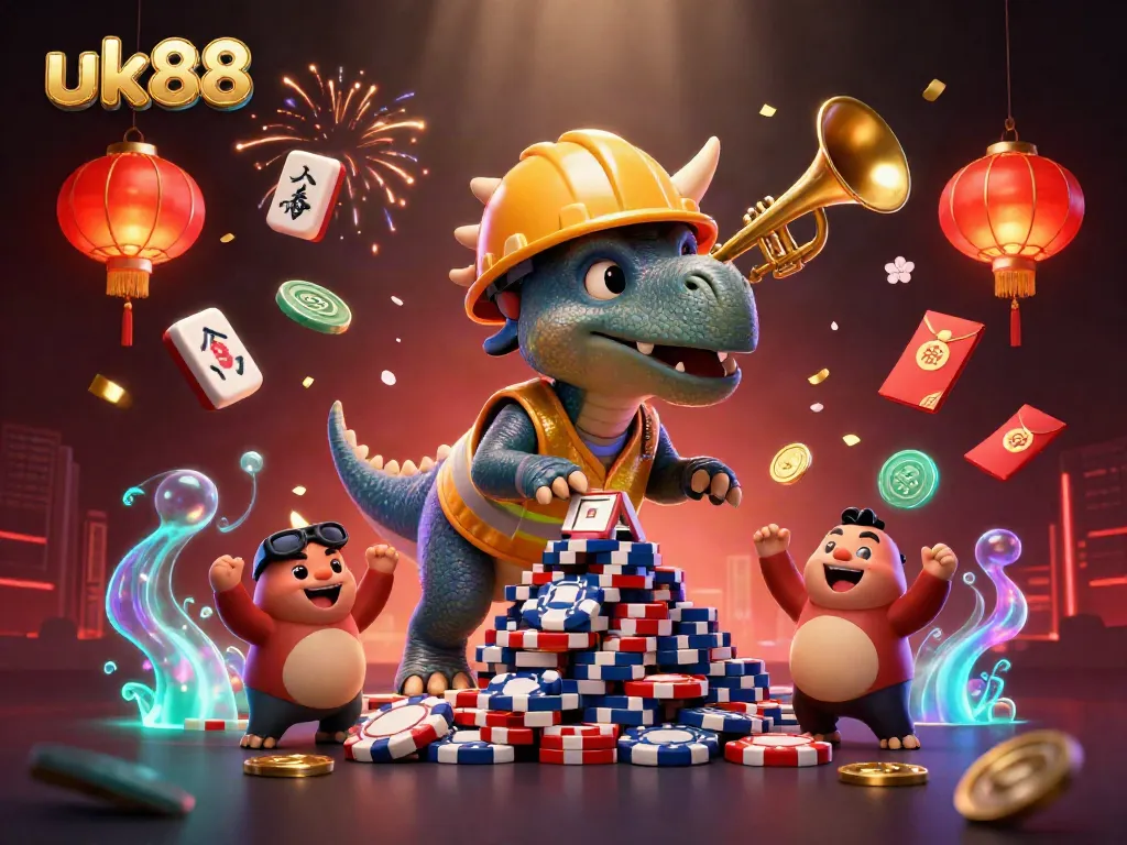 uk88 showcases a vibrant casino scene with joyful characters, celebrating wins with poker chips and festive elements.