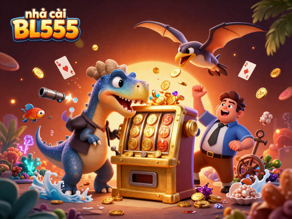Engage with nhà cái BL555 as a pachycephalosaurus celebrates jackpot wins amid a vibrant casino scene.