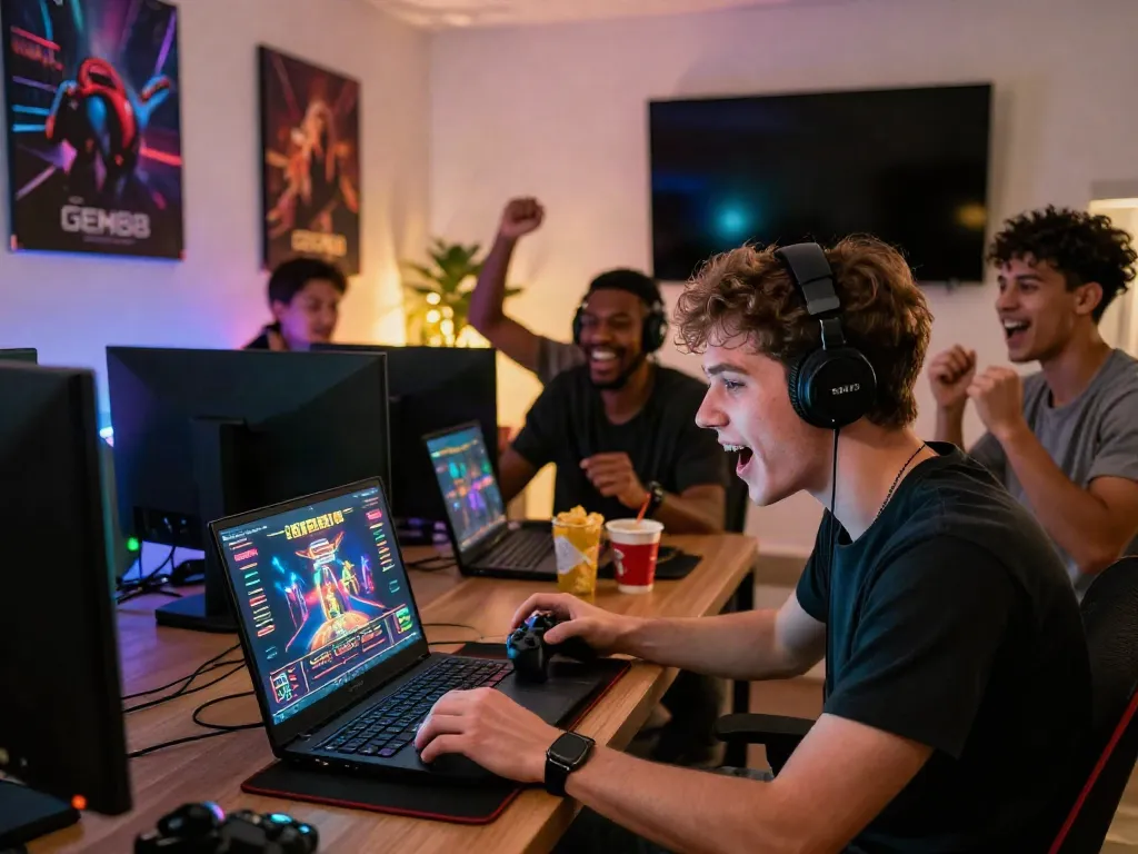 Engaged gamers enjoying the GEM88 platform together in a vibrant living room
