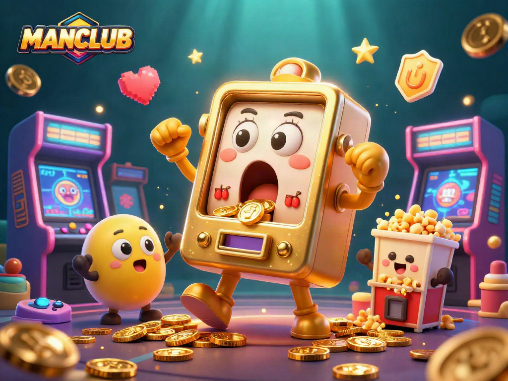 Experience excitement with MANCLUB's jackpot as the golden slot machine surprises players with coins.