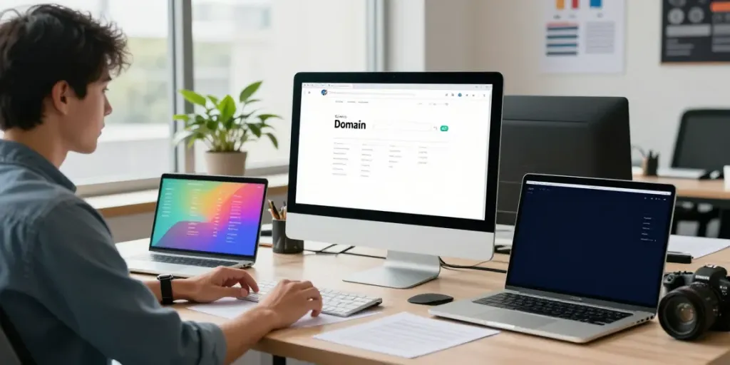 Dynamic workspace for domain registration UK with entrepreneur and pricing chart.