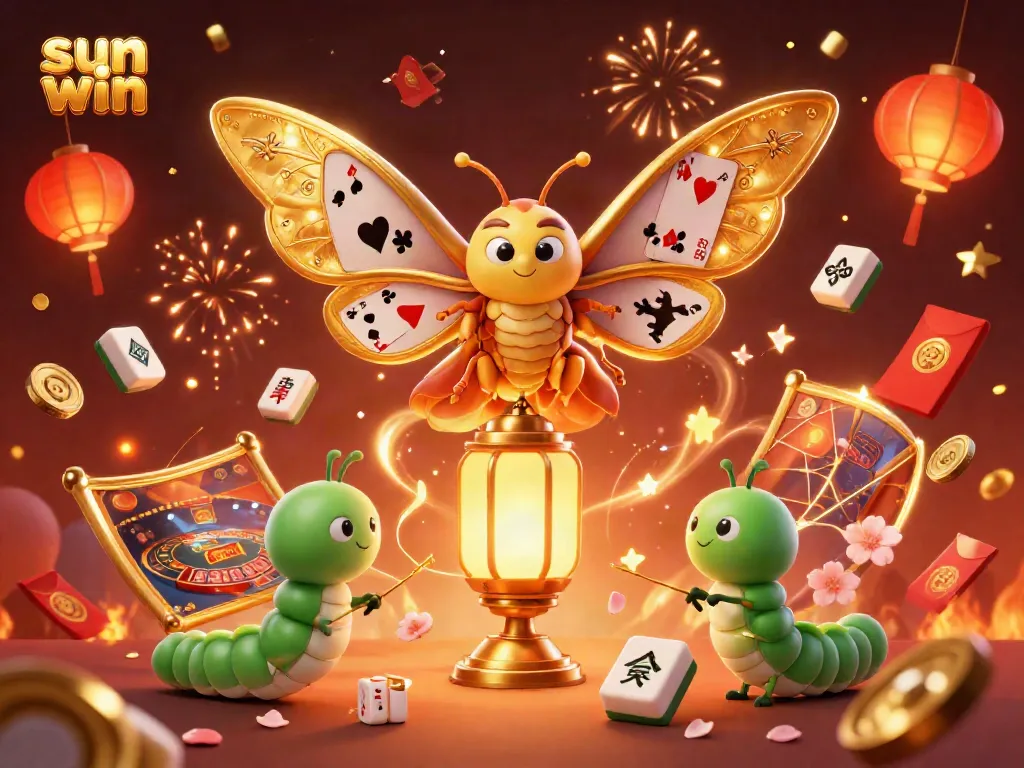 Experience the excitement of sun win casino gaming with vibrant golden moths and festive decorations.