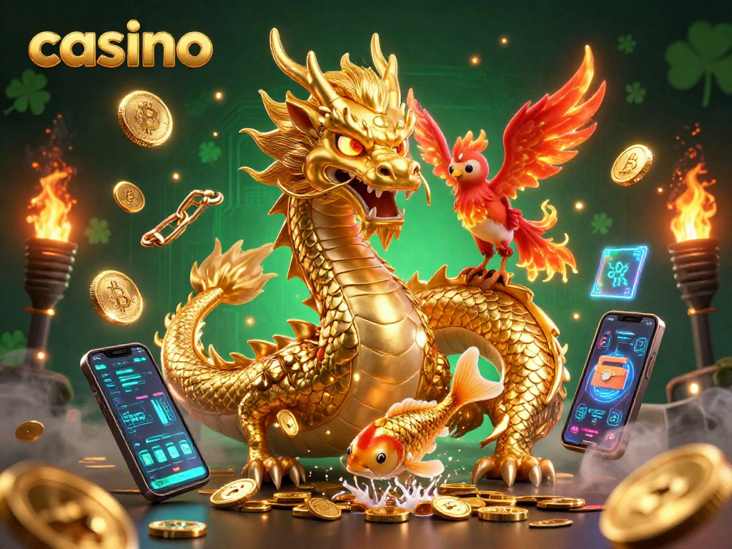Experience the excitement of casino gaming with a vibrant dragon, phoenix, and koi fish illustration