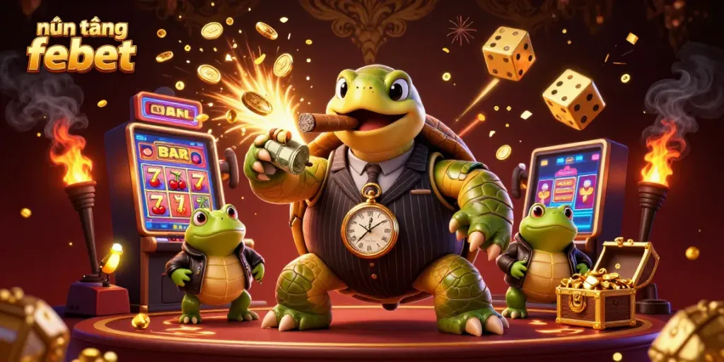 Experience the excitement of nền tảng febet with a vibrant 3D casino scene featuring a turtle mobster and dynamic game elements.