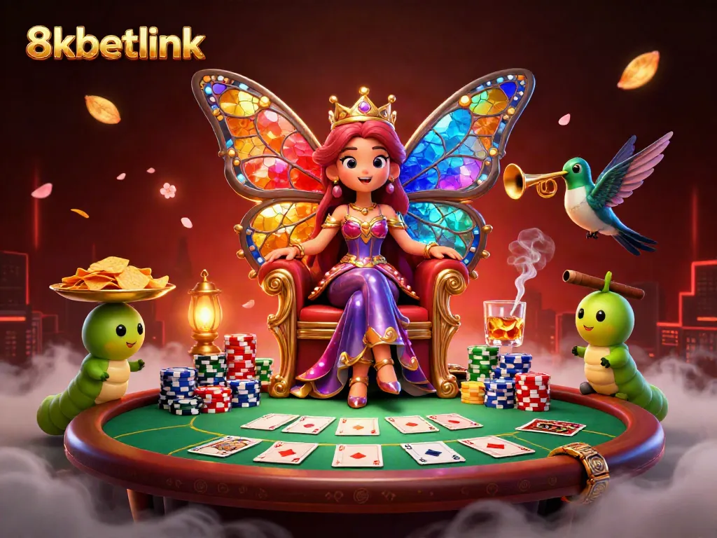 Engage in thrilling gameplay with 8xbetlink's vibrant casino scene featuring a butterfly queen and poker elements.