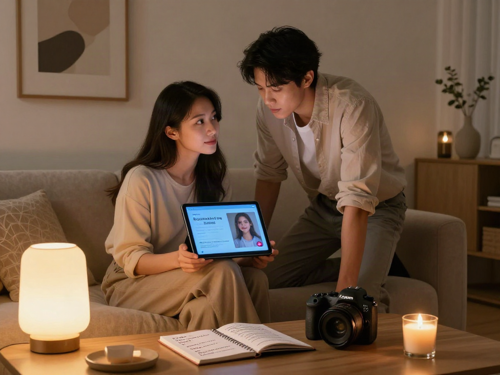 AI sex tools enhancing intimacy in a cozy modern space setting.