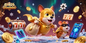 Engage with ดูหนังออนไลน์ in an immersive casino scene featuring a superhero dog and gambling elements.