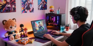 Player enjoying transformation hentai games in a cozy gaming nook with anime decor and ambient lighting.