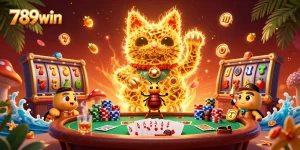 Experience 789win's excitement with a vibrant 3D illustration of a lucky cat and casino elements.