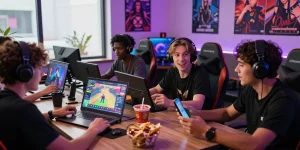 Players enjoying the latest ecchi game online in a stylish lounge, showcasing their devices and excitement.