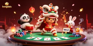 Engage in exciting gameplay with bongdalu's vibrant casino scene featuring poker and festive characters.