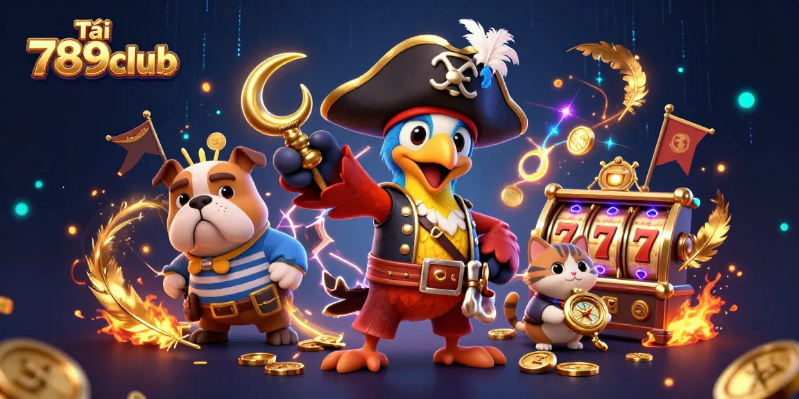 Tải 789club with vibrant gambling elements featuring a parrot captain and bulldog in a dynamic casino scene
