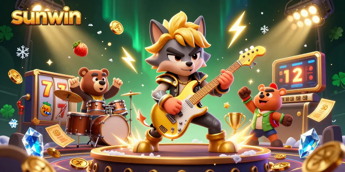 Experience vibrant gaming action with sunwin as a rock star wolf shreds on stage amidst dynamic slots.