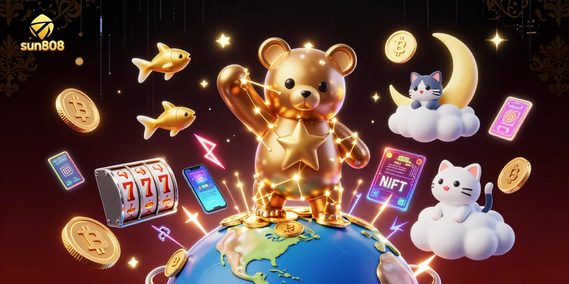 Play and win with sun808's vibrant 3D casino illustration showcasing online gambling adventures