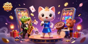 Experience the excitement of slot depo 5000 with vibrant characters and gaming elements in this dynamic casino illustration.