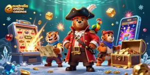 Engage with australia online casinos illustrated by a pirate bear and tiger amidst a vibrant gaming scene.