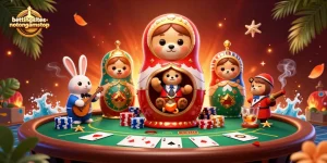 Engage with the vibrant scene of bettingsitesnotongamstop showcasing a 3D Matryoshka bear and casino elements.