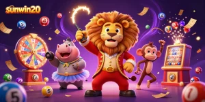Experience the thrill of sunwin20 with a dynamic circus-themed casino illustration featuring colorful lottery elements.