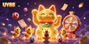 Experience the engaging world of UY88 with golden fireflies and casino symbols in a vibrant 3D illustration.
