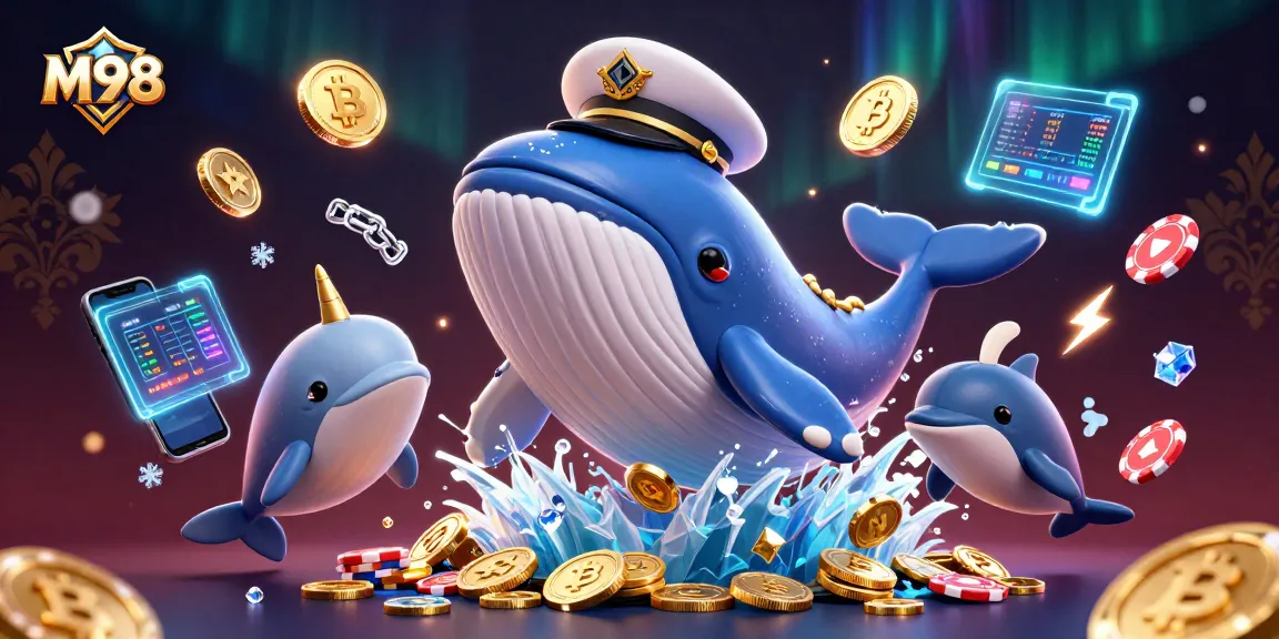 M98 casino image capturing a whimsical whale and narwhal amidst coins, vibrant crypto symbols and lighting.