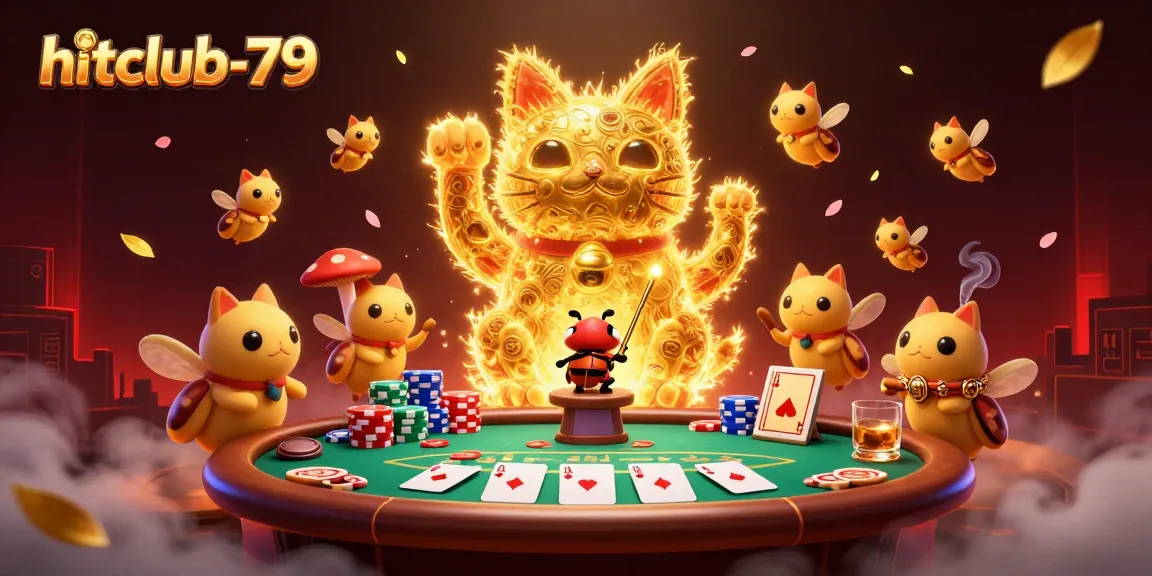 Experience the excitement of hitclub-79 with golden fireflies and casino symbols in vibrant 3D illustration.